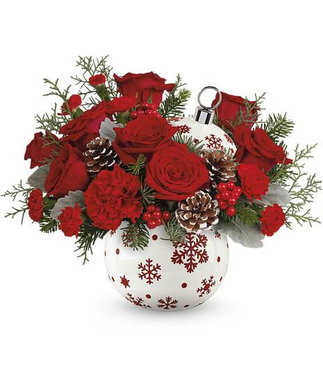 A plaid pattern ceramic ornament with red roses carnations and berry spray  green buttons white mums pine cones xmas theme on ornamament