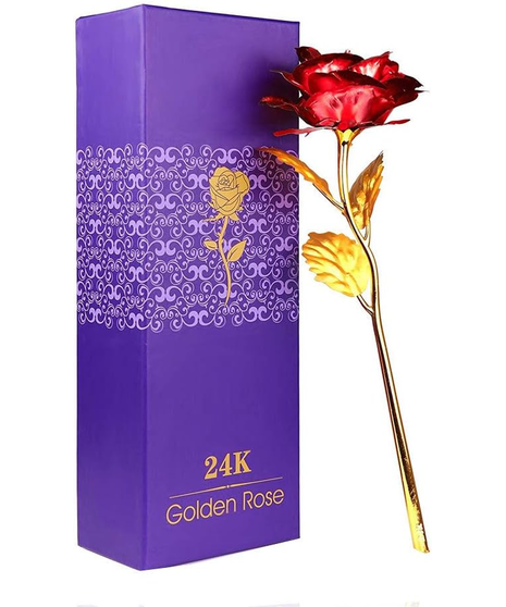 PURPLE BOX HAS A GOLD STEMMED red ROSE MADE FROM ACRYLIC/ PLASTIC